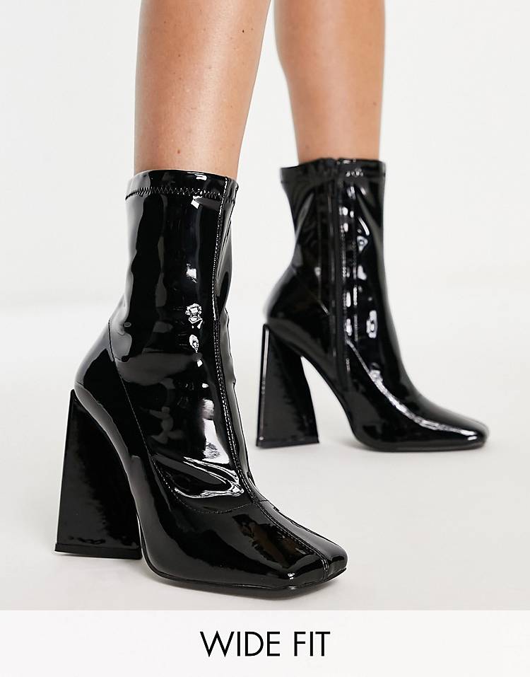 Public Desire Wide Fit Craving flare heel ankle boots in black patent